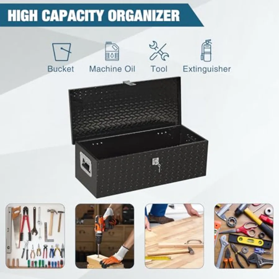 Truck bed toolbox for pickup trucks and RV trailers: aluminum, black, heavy-duty waterproof design with side handles, free asse