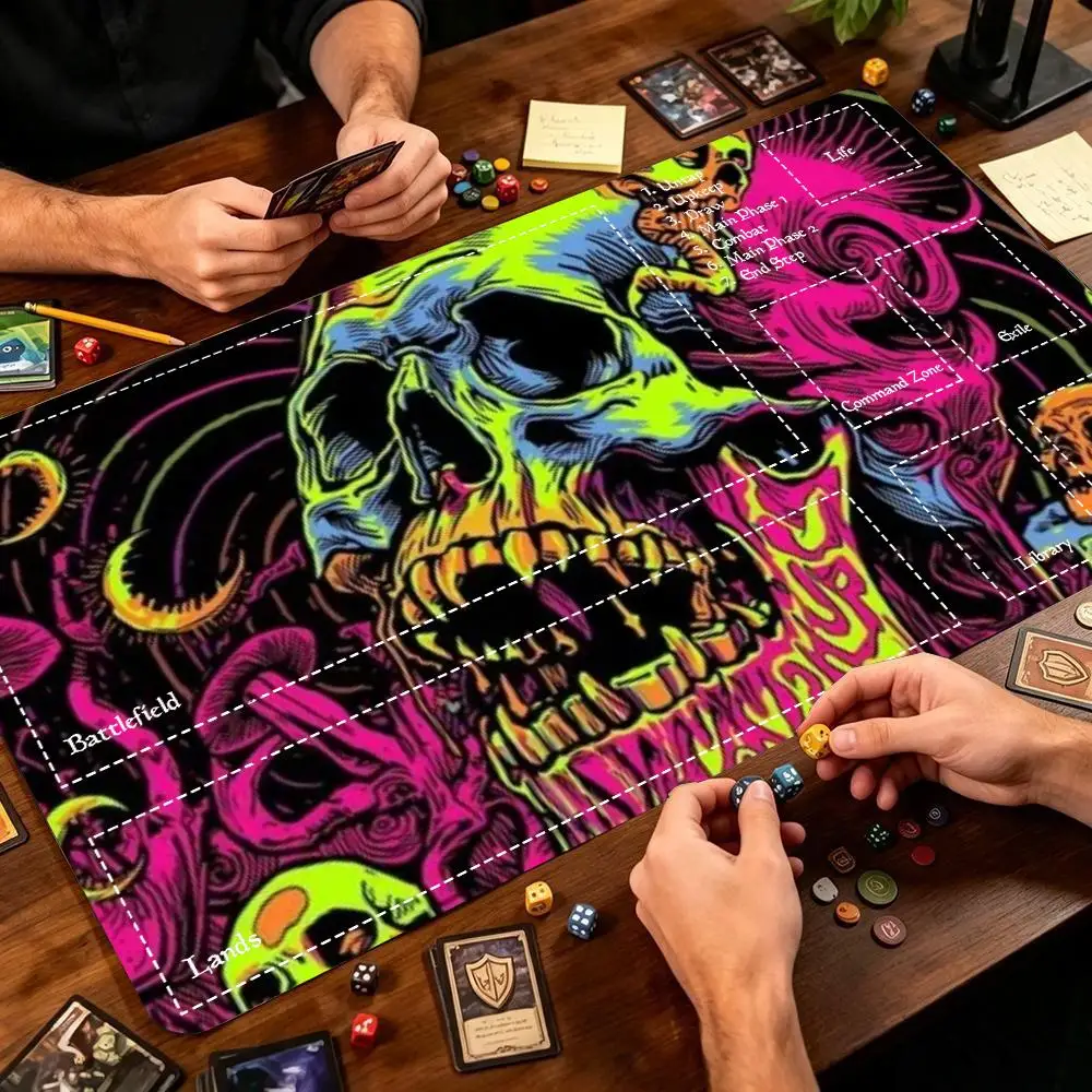 Vibrant Neon Psychedelic Skull Art Non‑Slip Rubber Game Playmat Smooth Table Mat For Tabletop Card Game Desktop Gaming Daily Use