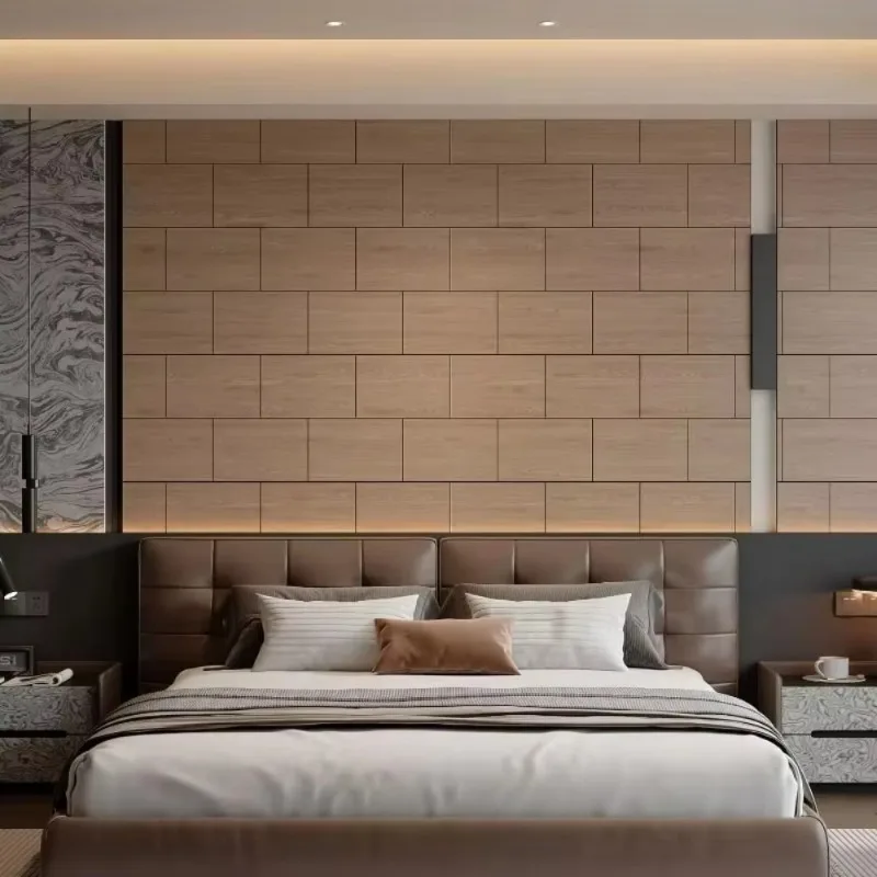 1-2Sets 40cmx3m Wood Grain Self Adhesive Wall Decor Panels 3D Grooved Staggered Wall Stickers for Bedroom Interior Renovation