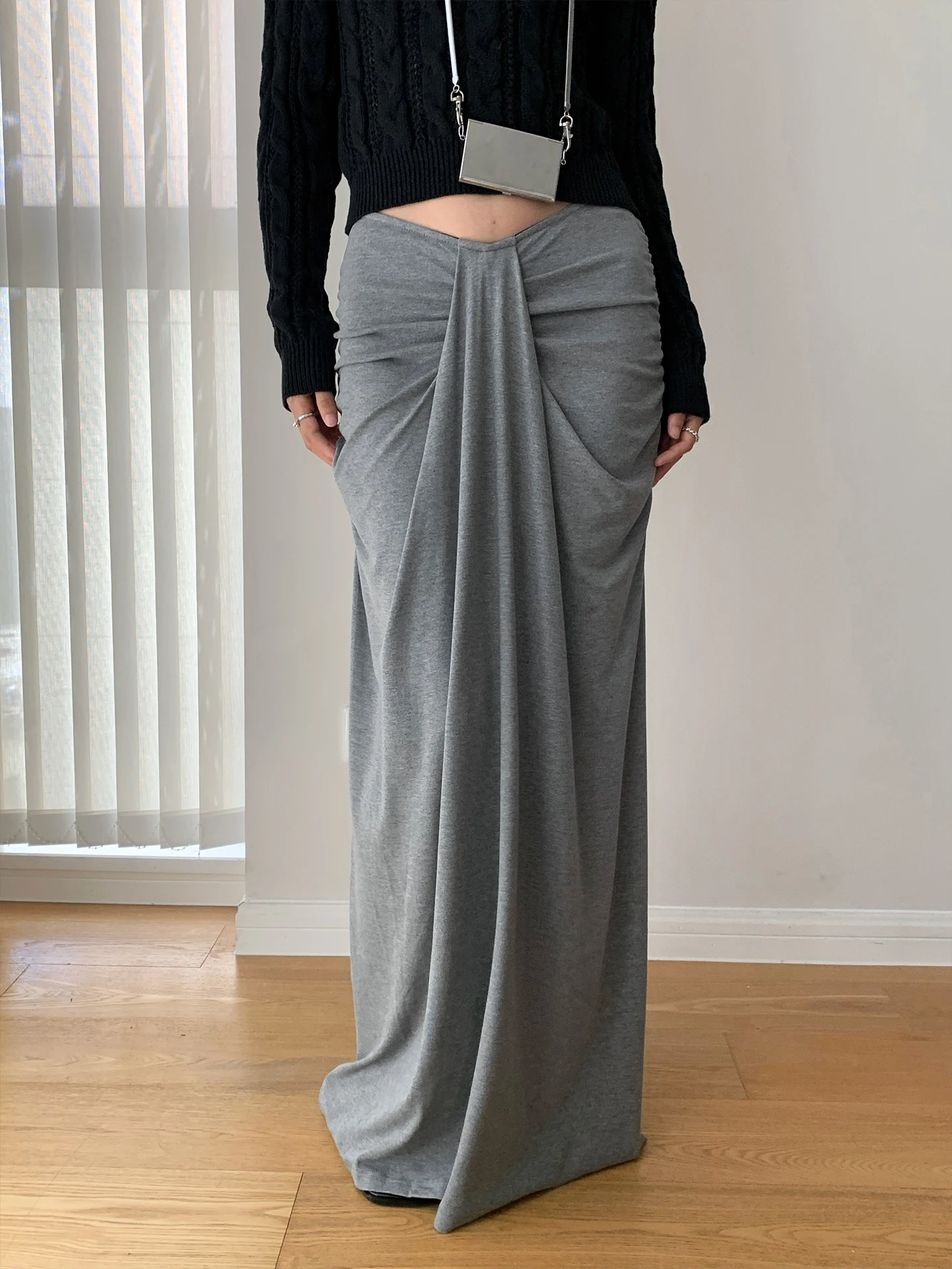 

Low Waist Pleated V-Ne Fi Tail Skirt Ambosc Autumn New Design Two-Way Wear Casual Cotton f Body Skirt for Women