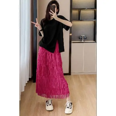 Summer New Niche Temperament Versatile Slim Skirt Two-piece Set Miyake High-end Pleated Tassel Cake Skirt for Women's