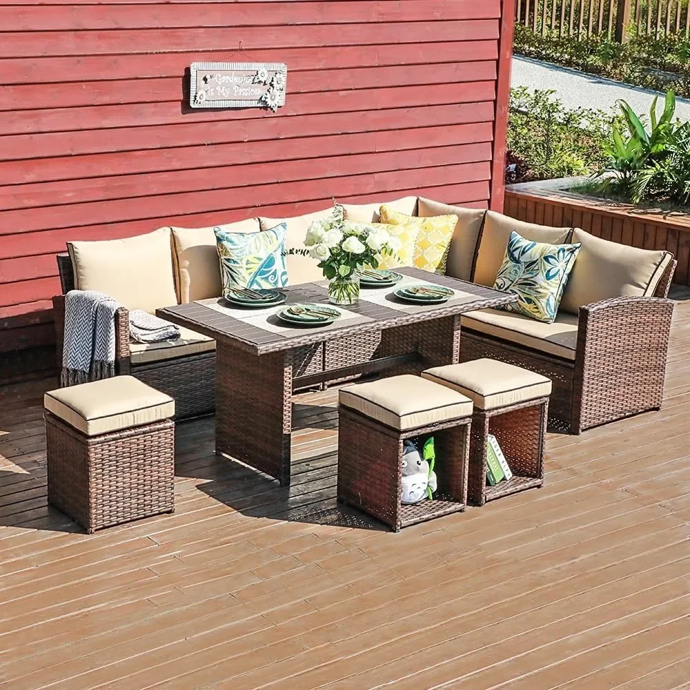 

Patio Furniture Set, 7 Piece Patio Dining Sofa Set, Outdoor Sectional Sofa Conversation Set All Weather Wicker Rattan Couch
