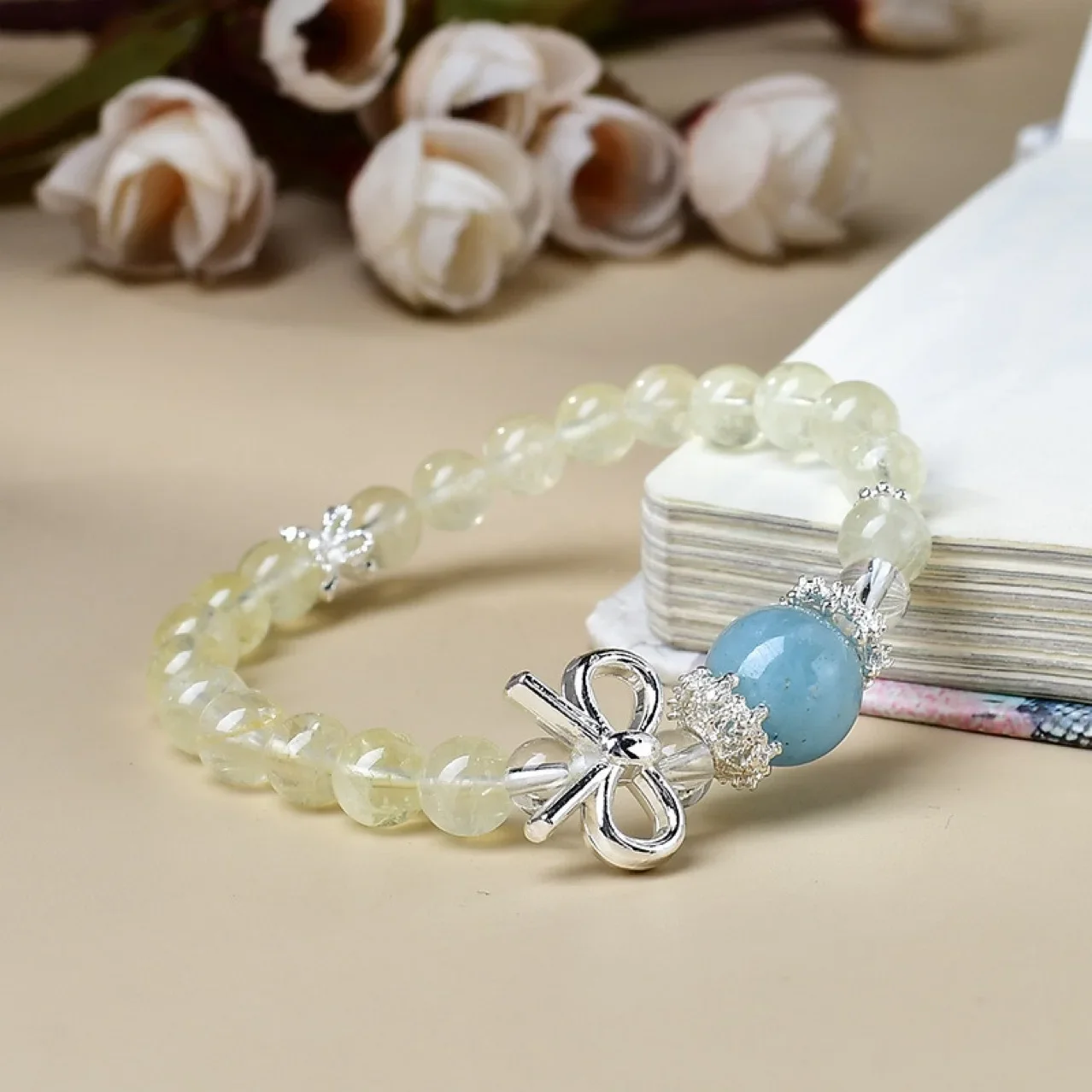 

Natural Citrine Aquamarine Silver Lucky Bow Fashion Light Luxury Niche Design Bracelet