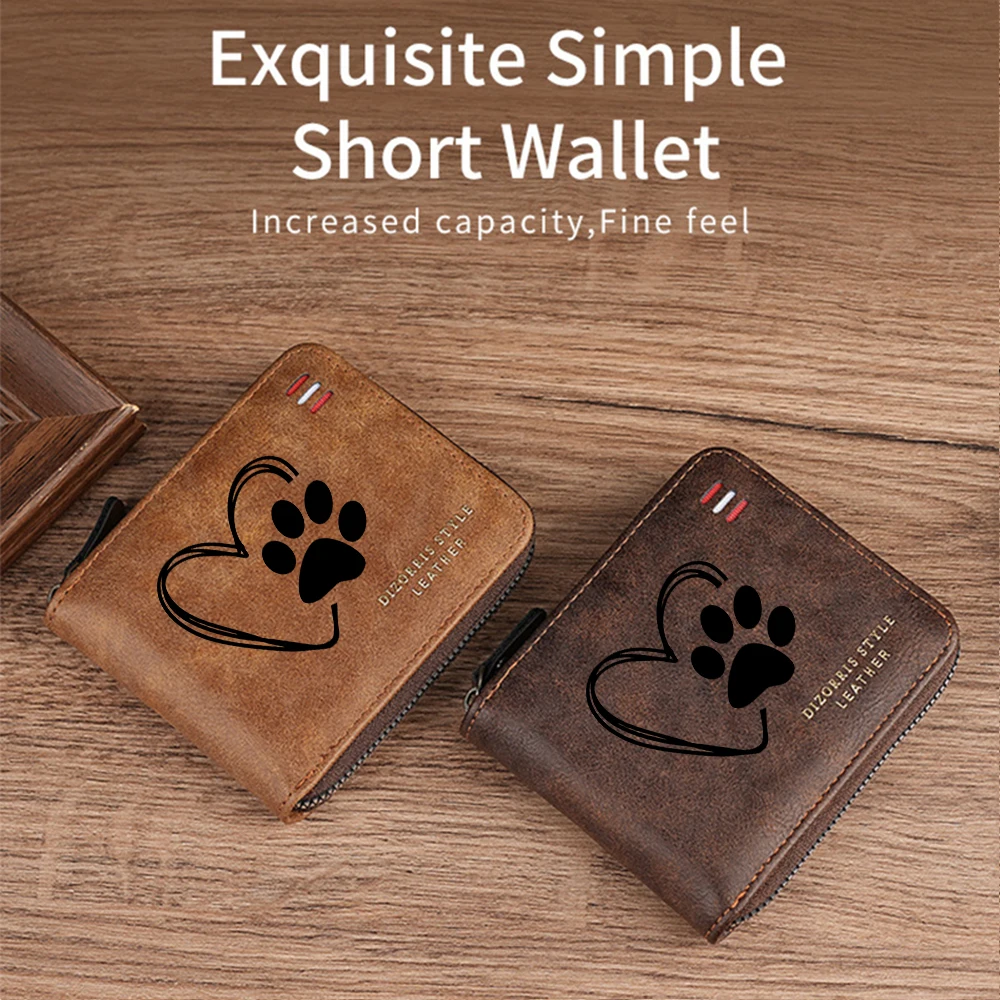 Men's Vintage Heart-Shaped Paw Bifold Wallet Short Zipper Wallets Slim Classic Coin Pocket Holder Card Holder Daily Use Bag Gift