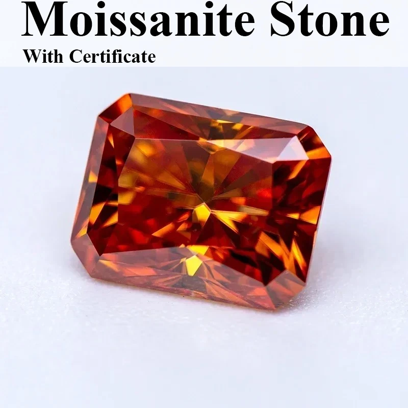 

Moissanite Stone Orange Color Radiant Cut Gemstone Lab Grown Diamond Charms Ring Necklace Gift Making with Certificate