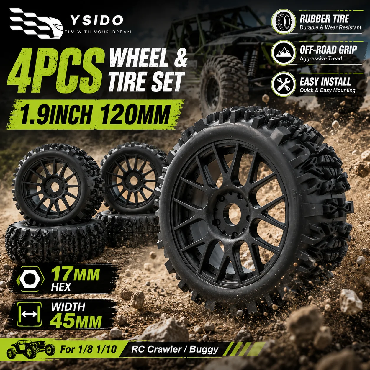 4PCS 1/8 1/10 RC Crawler Off-Road Rubber Tire 1.9inch 120mm Wheels Tyres 17mm Hex for SCX10 Traxxas ARRMA Redcat HPI HSP RC Car