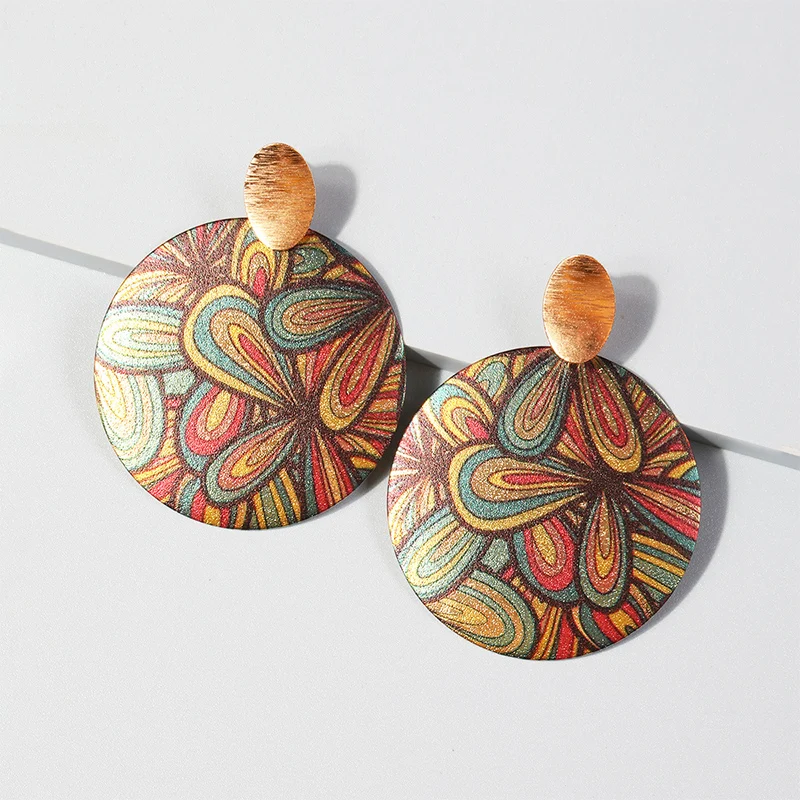 Print Multi Color Flower Post Earrings For Women Vintage Fashion Jewelry Trendy Round New Style Holiday Accessories Gift 2023748