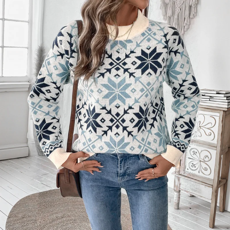 New European Style Women's Long Sleeve Round Neck Sweater Snowflake Geometric Pattern Nordic Style Knitted Top For Autumn Winter