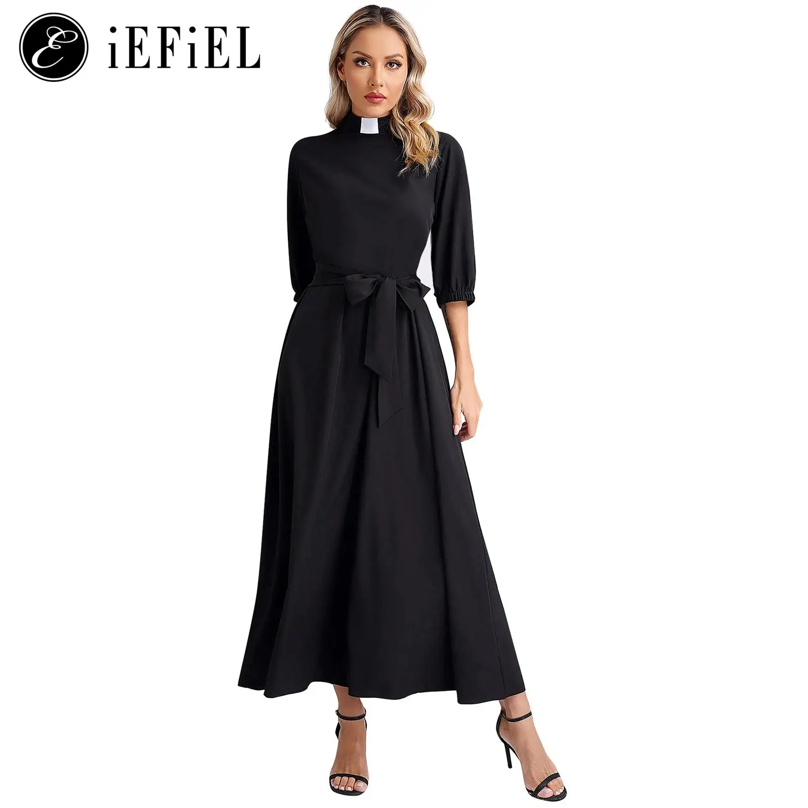 Womens Solid Color Mock Clergy Maxi Dress with Belt Church Minister Robe Gown Tab Collar Priest Pastor Preacher Costume