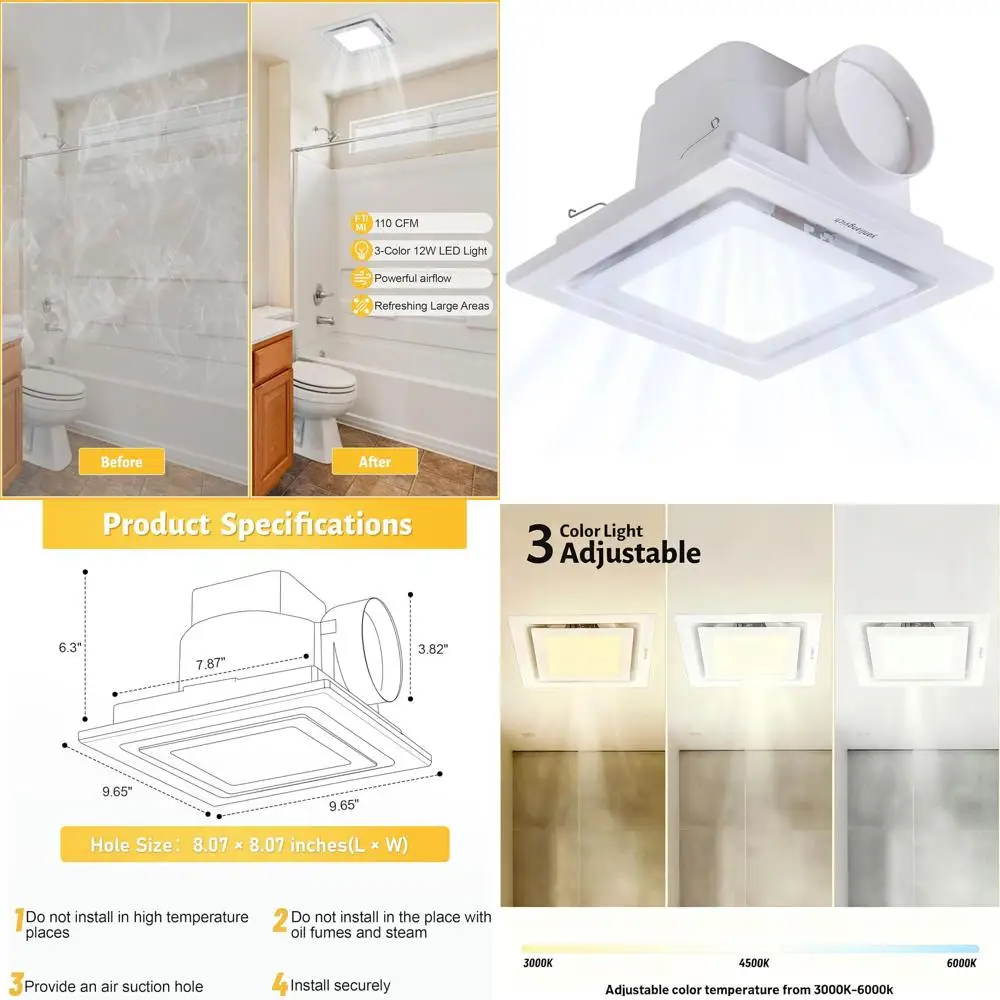 

8-Inch Quiet Bathroom Exhaust Fan with Light, 3000K-6000K Adjustable, 110 CMH Ventilation, Ceiling Mount