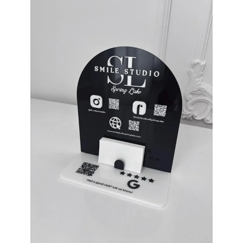 Custom Arched Acrylic QR Code Sign with White Details - Business Logo Display with Social Media Payment QR - Reception Desk Sign