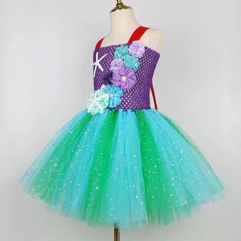 Ocean Themed Tutu Costume Sleeveless Purple Knit Top 3D Flower Starfish Decor Gradient Sparkle Tulle Skirt for Masquerade Party