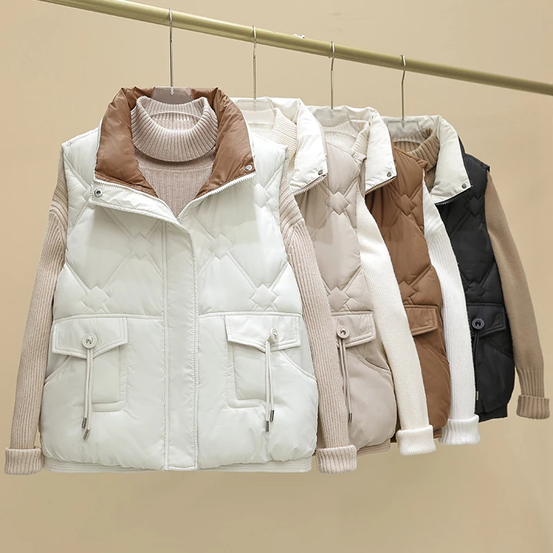 

Women's Thiened down Cotton Vest Autumn Winter Warm Outerwear Stand Collar Loose Fit ort Zipper Closure Color