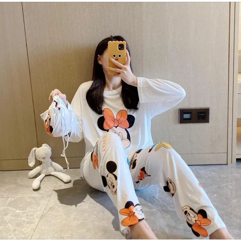 Disney Mickey Mouse pajamas autumn new pure cotton long-sleeved trousers silk pajamas women\'s cartoon loungewear pajamas set