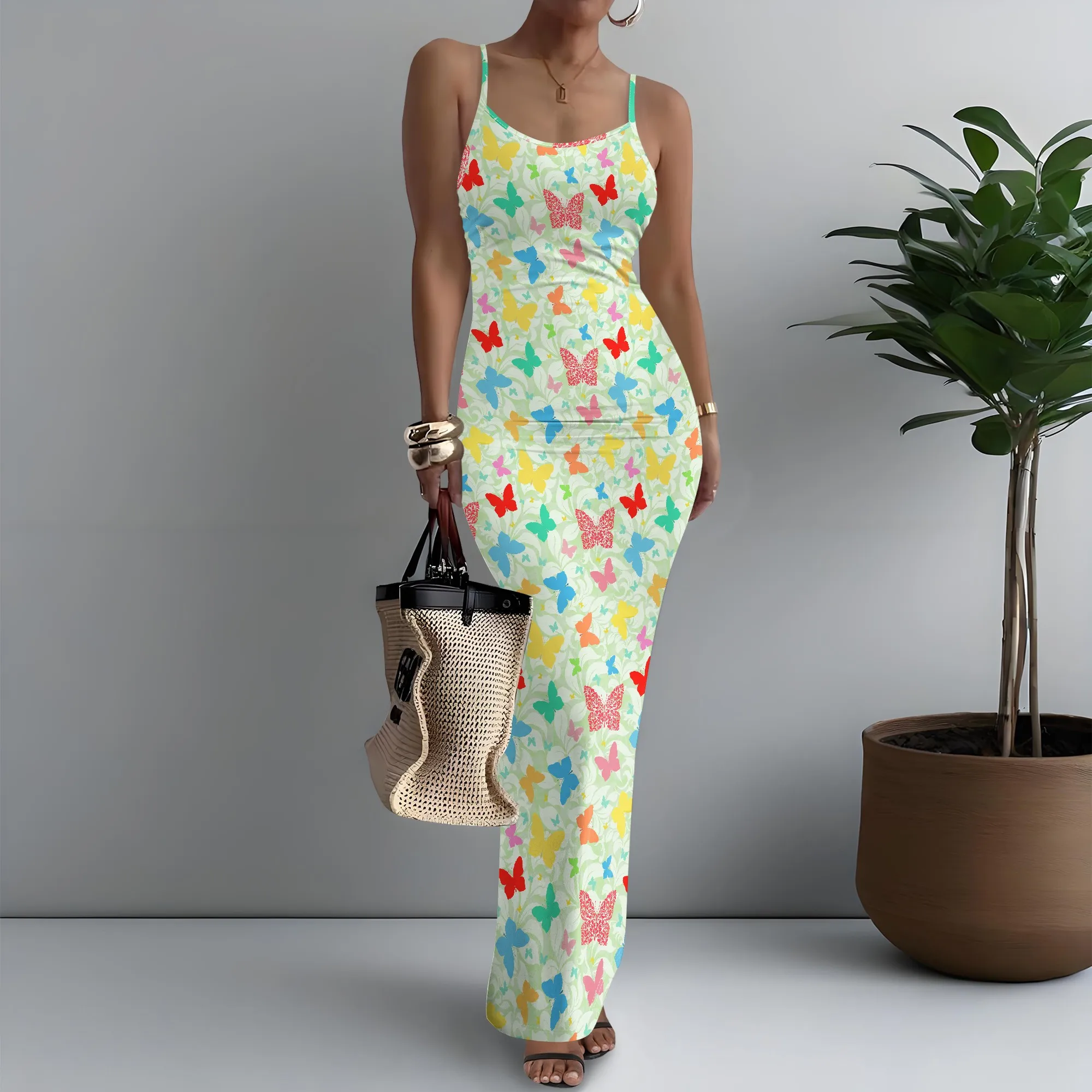 

Women's Spaghetti Strap Maxi Dress Girly Butterfly Print Café XS-3XL