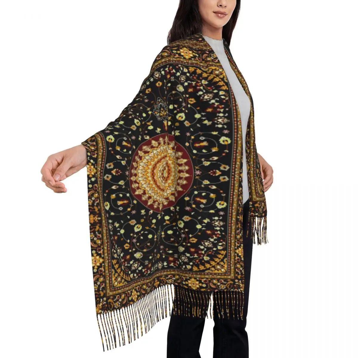 بوهيميا العرقية العتيقة الفارسي السجاد القبلية البساط نمط وشاح شرابة الأوشحة للنساء شال والتفاف طويل الخريف الشتاء شال التفاف