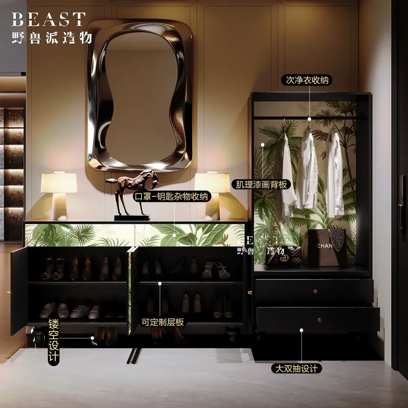 Modern Tropical Jungle Flower Bird Solid Wood Shoe Cabinet Large Capacity Storage Porch Locker Secondary Clean Wardrobe
