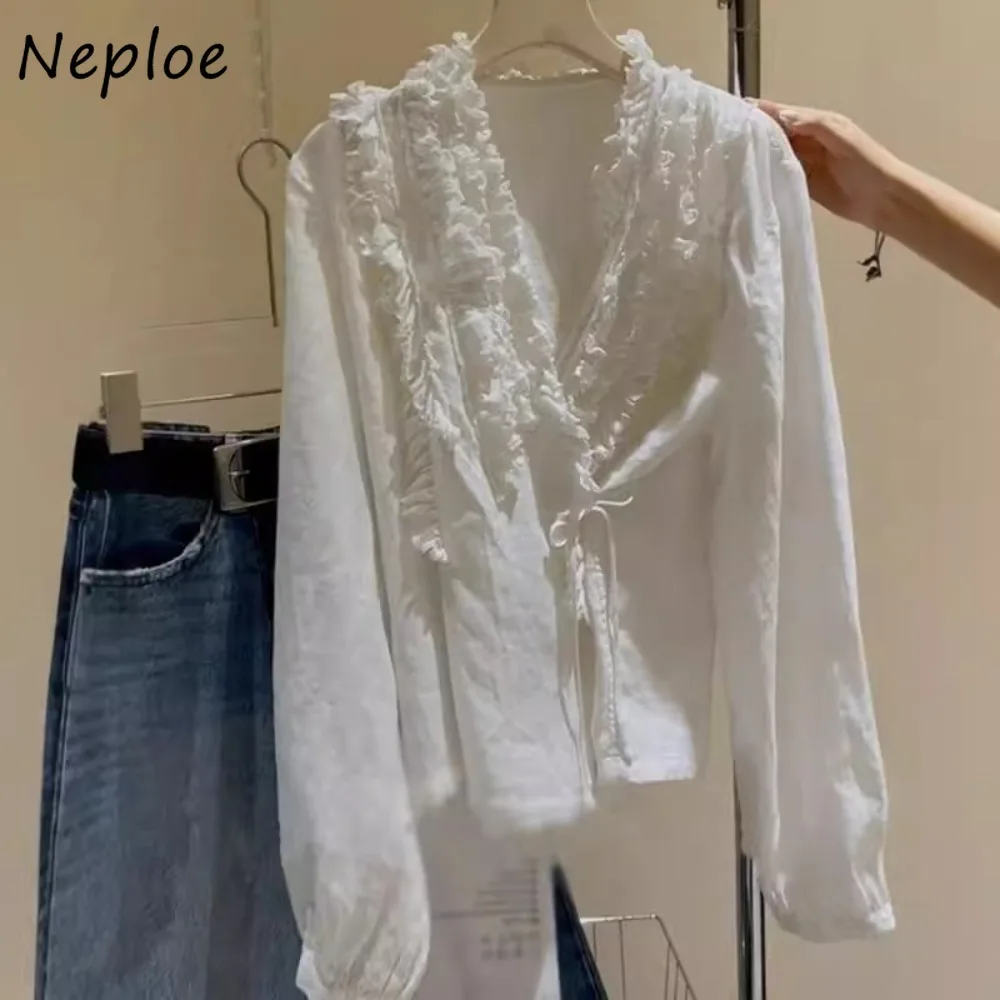 

Neploe French Style Light Ripe Wind Western Shirt Casual Simple Korea Chic Unique Blouses Fungus Lace Up Minority All-match Tops