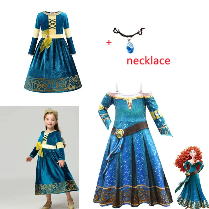 Brave Kids Halloween Fancy Frocks Merida Cosplay Princess Dress Costume Brave Deluxe Girl Christma Outfit Party Clothes necklace