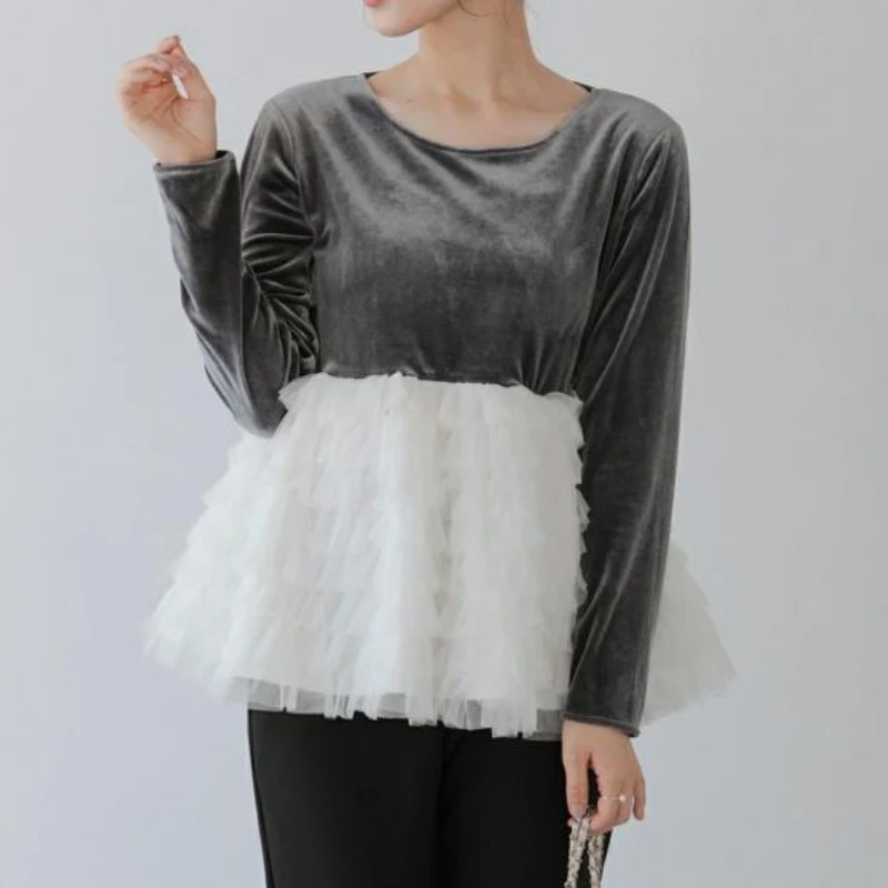 

Сетчатая бархатная футболка для женщин, осенне-зимняя футболка с оборками в японском стиле, Ropa De Mujer, элегантная винтажная милая футболка