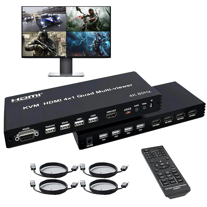 

4K 60 Гц HDMI KVM Quad Multiviewer Мультидисплей 4 в 1 с HDMI-экраном и поддержкой USB PIP 90 ° 180 ° Флип-клавиатура для мыши на 4-х ПК