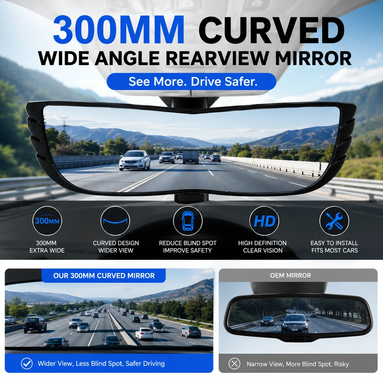 300mm Curved Wide Angle Rearview Mirror Universal Clip-On Interior Car Mirror With Clear Panoramic View