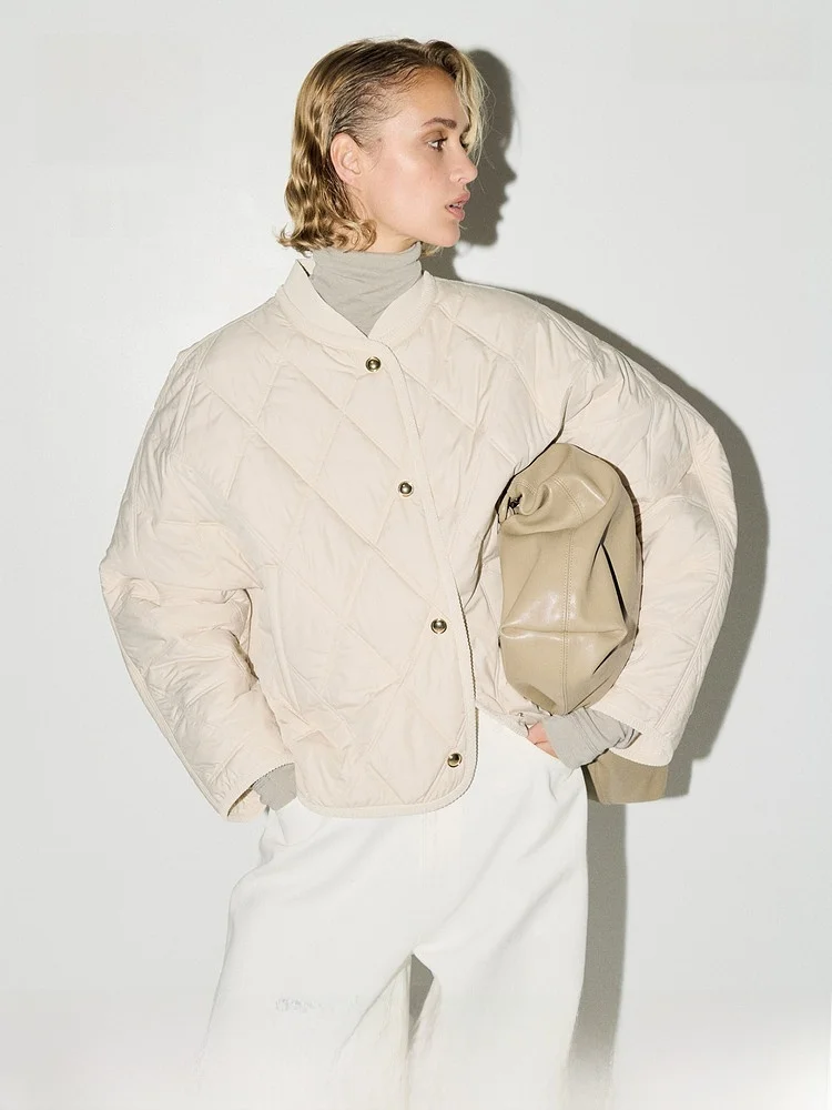 

H&M Women's Diamond Pattern Cotton Jaet Winter Outdoor Barn Sle Sewn Coat Straight Tube pe Long Sve Stand Collar