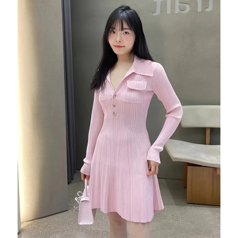 Women\'s Pink Knitted Mini Dress, Turn Down Collar, Single Breasted, Long Sleeve, Slim Women Sweater Dress, Early Autumn Fashion