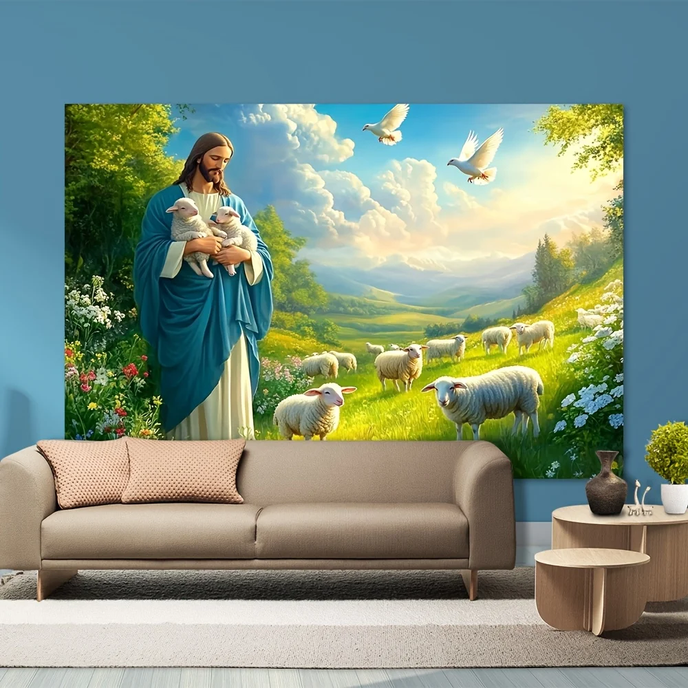 1pc Jesus And The Lamb Polyester Tapestry  Vibrant 2D Flat Print Easy To Hang Dream Grassland Scene Wall Hanging For Home Decor