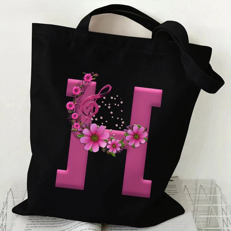 Woman Canvas Tote Bags A-Z 26 Alphabet Rose Pink Flower Large Capacity Supermarket Bags Fashion Harajuku Shoulder Shopping Bag
