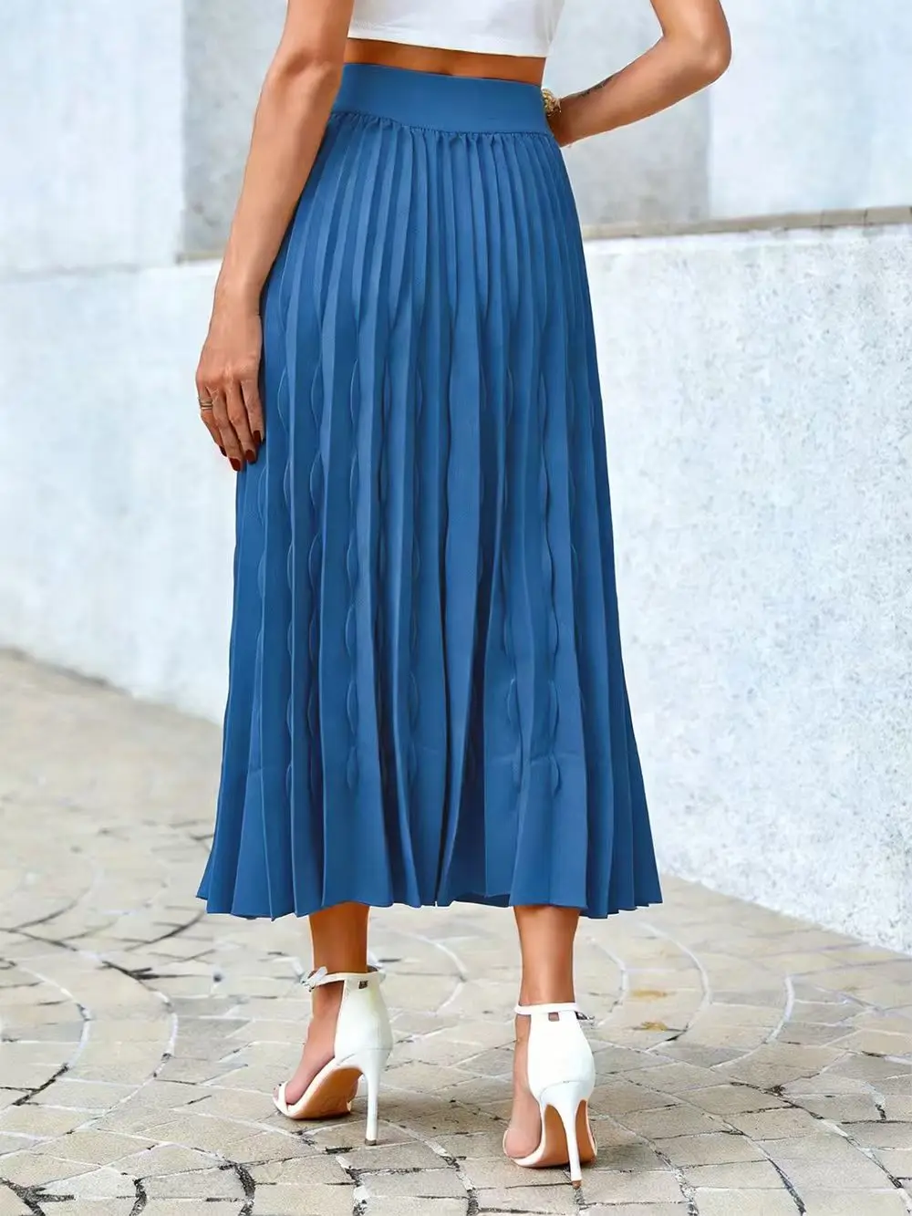 Blue Women's Pleated Skirt Casual Holiday Half-length Skirt for Ladies