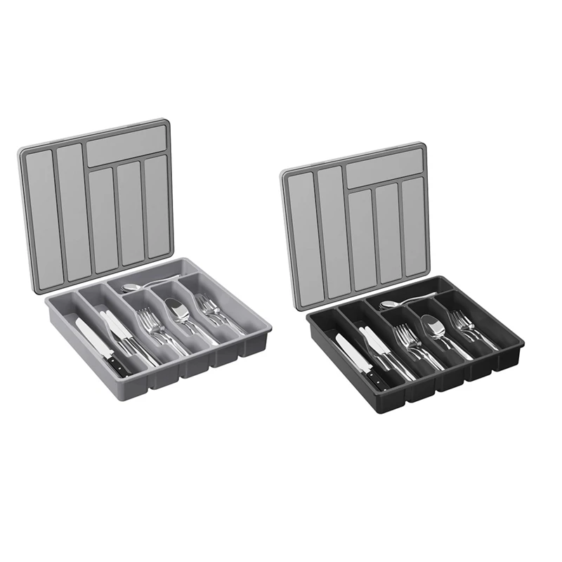 

Silverware Organizer Covered Utensil Tray For Kitchen Drawer And Countertop, Plastic Cutlery And Flatware 2Piece