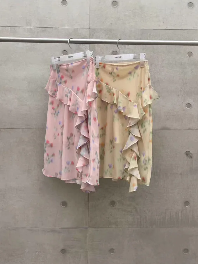 

High Waist A-Line Skirt with Lace Trim Women's Summer New Style Slimming Oil Painting Floral Print Skirt from AOSPHERE