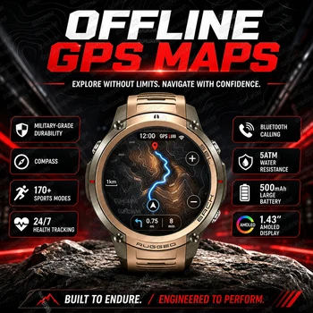 Smartwatch sportowy z mapami GPS offline na rok 2026, wodoodporny 5ATM, wbudowany dwupasmowy GNSS, kompas, wysokościomierz, smartwatch wojskowy dla mężczyzn.