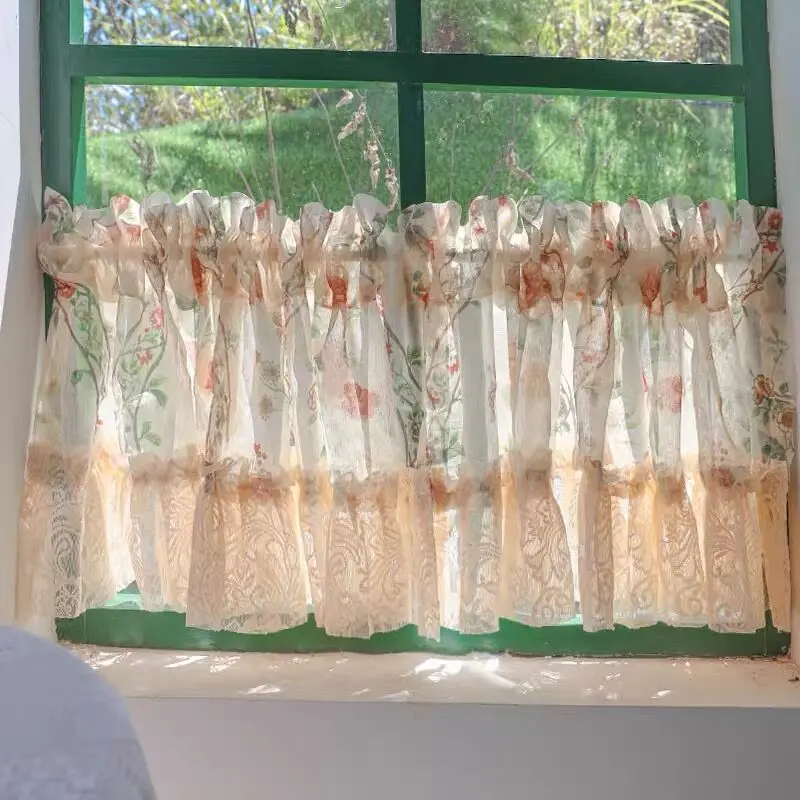 American Vintage Light Beige Flowers Lace Short Curtains Korea Pastoral Tulle Floral Half Curtains for Kitchen #A330