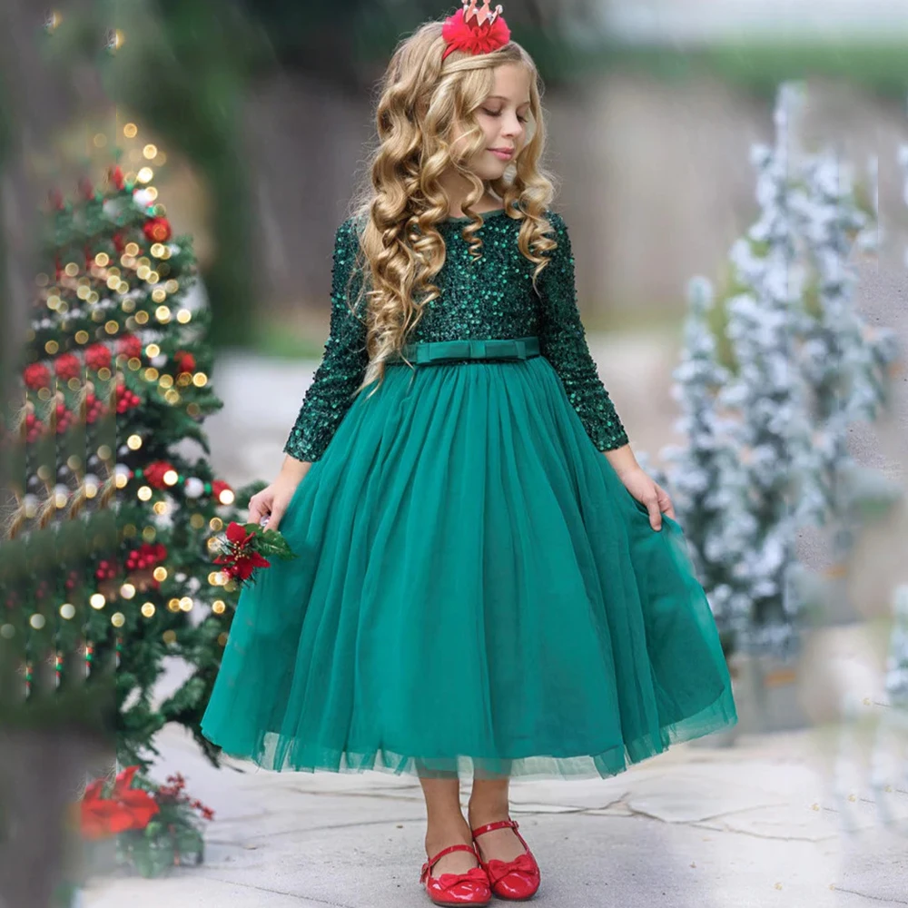 

Green Sequin Flower Girls Dresses O-Neck Long Sleeve Shiny Vestido De Fiesta De Boda with Bow Belt for Baby Christmas Party