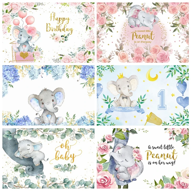 

Cute Elephant Photography Backdrop Baby 1st Birthday Newborn Baby Shower Party Decor Photo Photographic Background Studio Prop