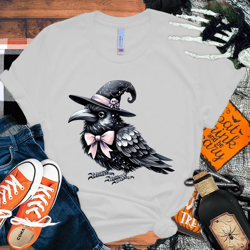 Halloween kaus burung hantu Pria Wanita, atasan kasual lengan pendek bercetak burung hantu musim panas