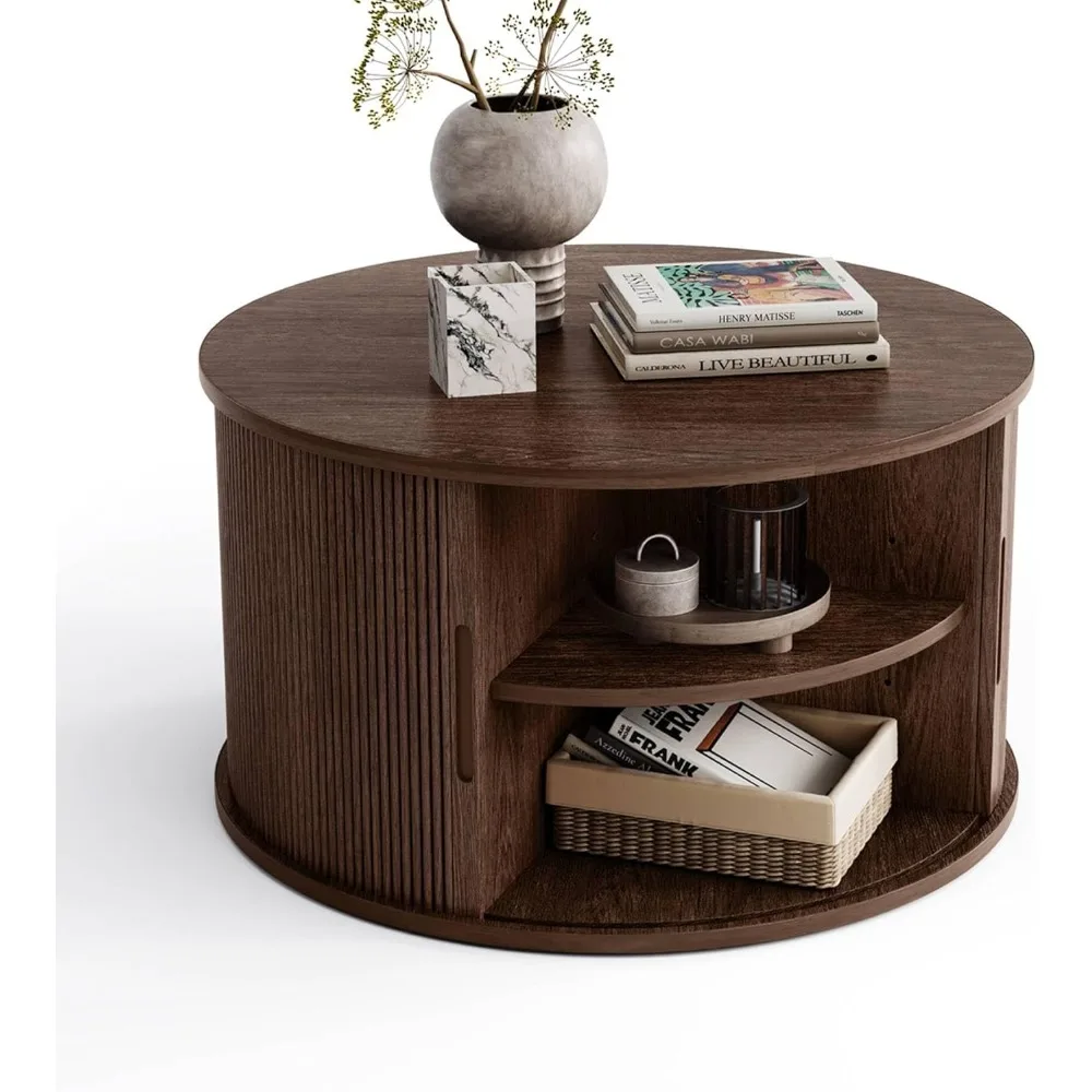 Round Coffee Table, Drum Coffee Table with Sliding Tambour Door, Fluted Accent Center Table with Storage