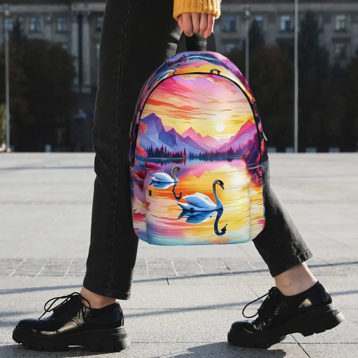 Two Swan With Sunset In Pond Backpack Student BookBag Children School Bag Laptop Shoulder Bags for Boys Girls