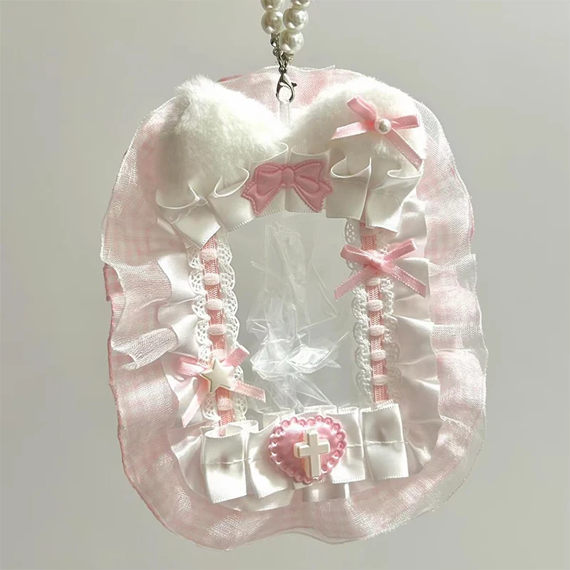 Sweet Cute Lace Bow Card Bag Star Anime Character Collection Transparent Small Card Protective Cover Y2k Ita Bag Diy Bag Pendant