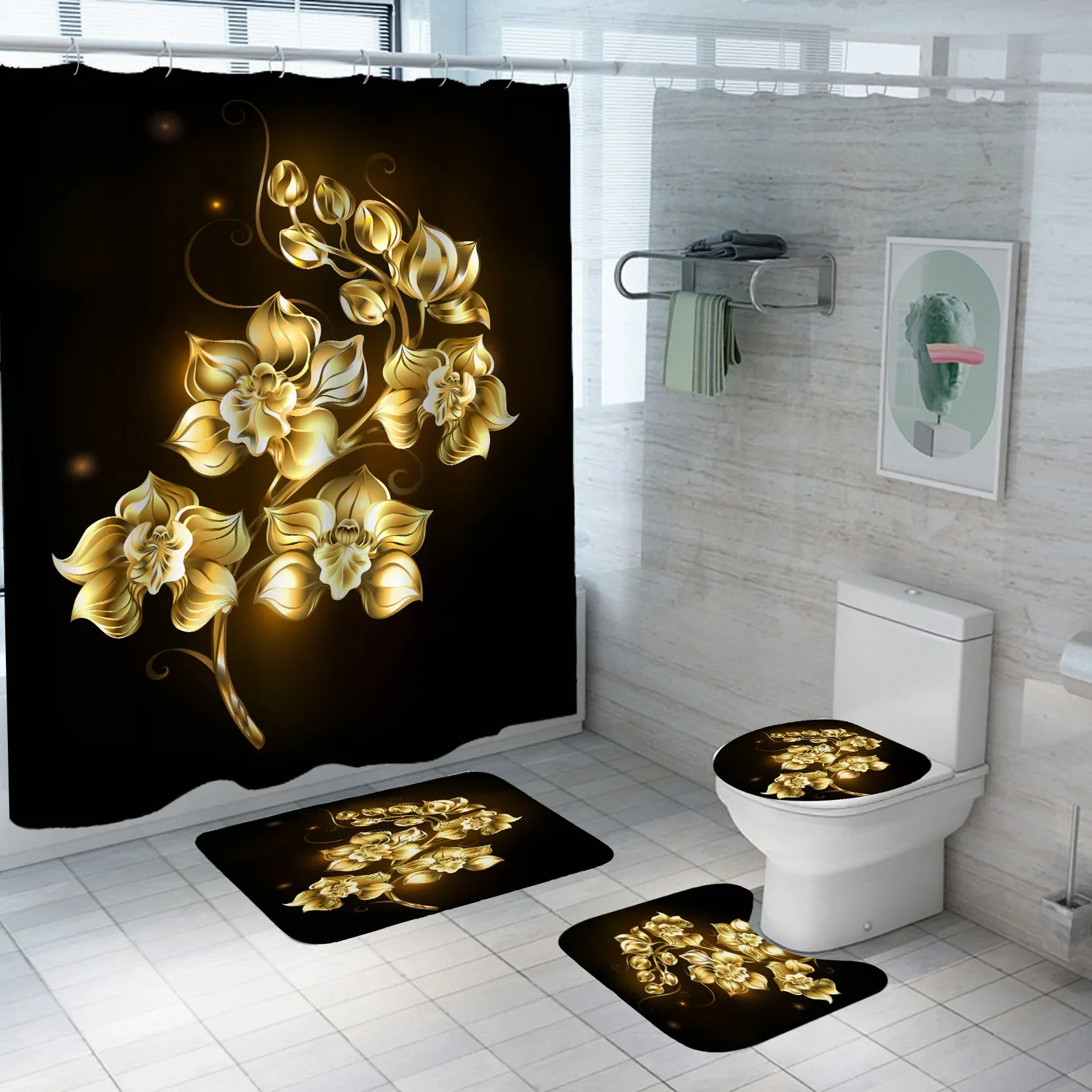 Shiny Blue Golden Rose Waterproof Shower Curtain Set Toilet Cover Mat Nonslip Bath Rugs Bathroom Valentine\'s Day Christmas Decor