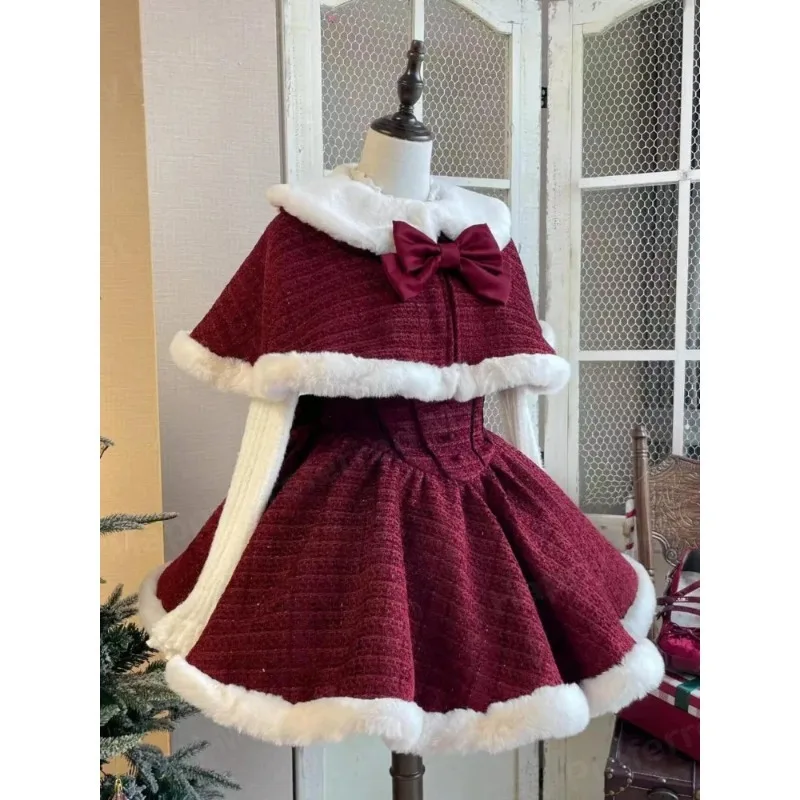 Christmas New Year 3 Piece Set Sweet Lolita Style Dress Sets Womens Elegant Chic Bow Plush Shawl Short Jackets Mini Skirts Suit