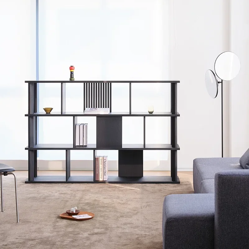 bright black bookshelf, solid wood porch shelf, Nordic Japanese design display partition