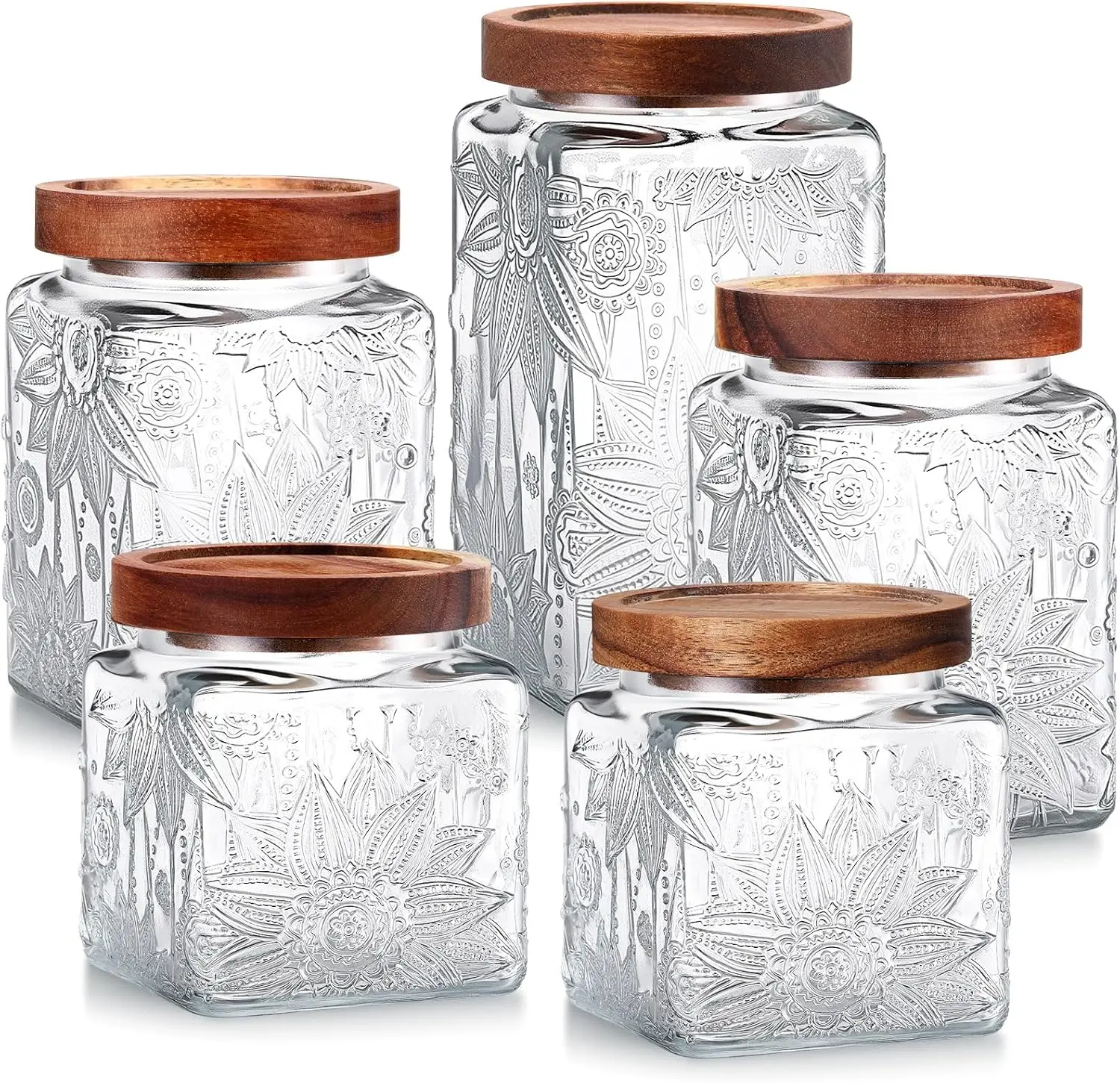 

5 Pcs Sunflower Vintage Glass Jars with Bamboo Lid 17-34 oz Kitchen Storage for Sugar, Coffee, Tea, Flour, Candy