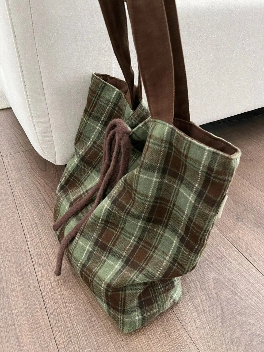 Miyagawa 2024 New Autumn/Winter Brown Green Plaid Plush Ribbon Tote Bag Korean Simple Large Capacity Versatile Shoulder Bags