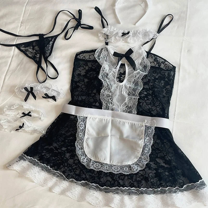 ชุดคอสเพลย์แม่บ้านเซ็กซี่สำหรับสาวอวบ ชุดเอี๊ยมซีทรูลูกไม้เต็มตัว ชุดนอนวาบหวิวสำหรับบทบาทสมมติ