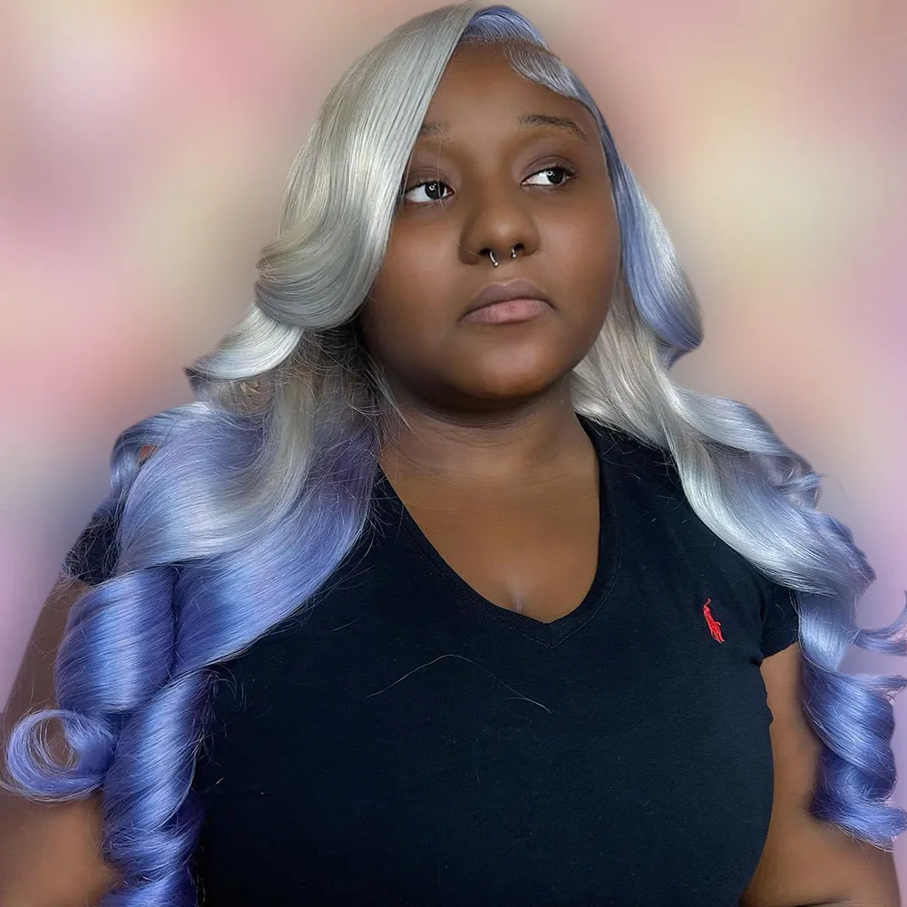 

Sliver Ombre Purple Colored Human Hair Wig 13x4 Lace Frontal Wig Body Wave Pre-Plucking Gray 13x6 Lace Front Human Hair Wig