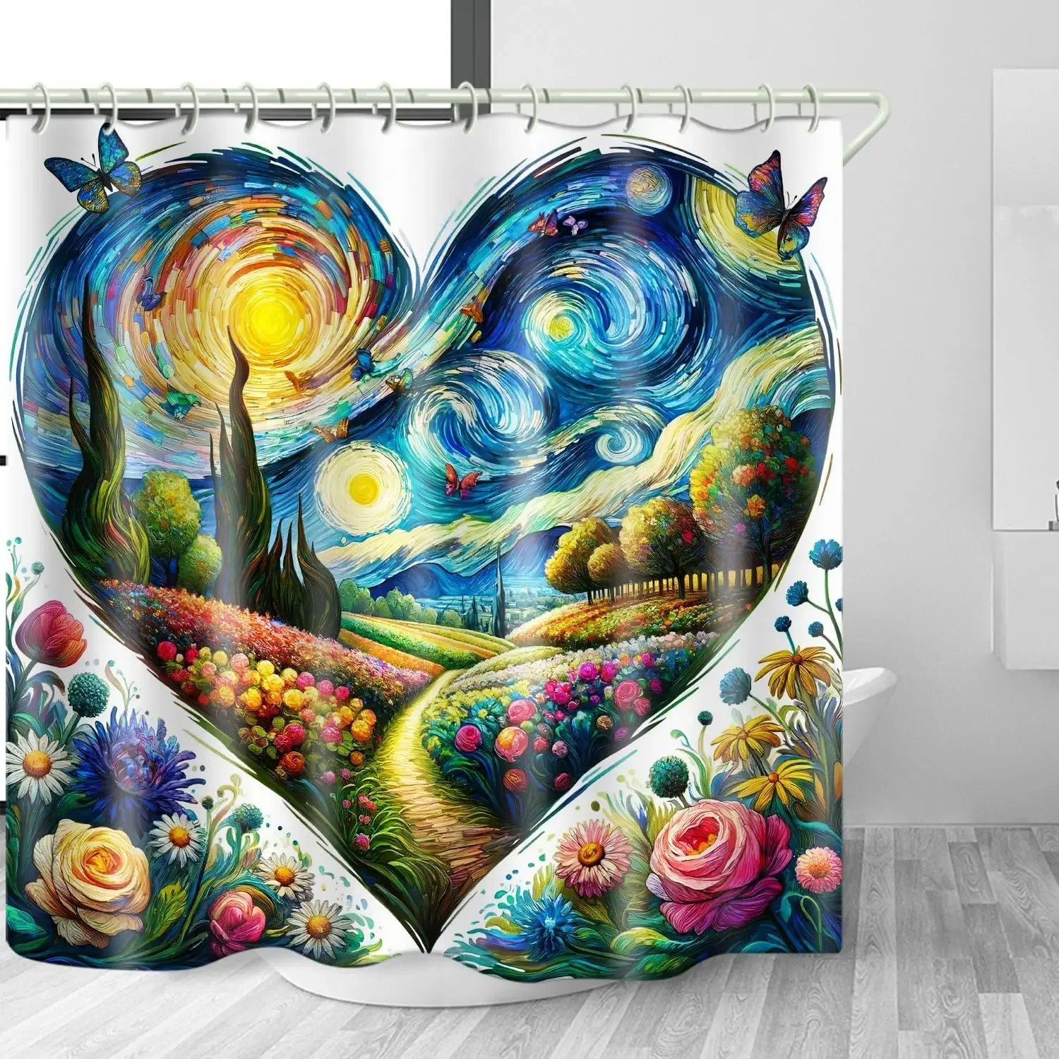 

Занавеска для душа в форме сердца с цветочным рисунком, водонепроницаемая ткань с растительным узором, декоративная занавеска для душа для ванной комнаты с крючком