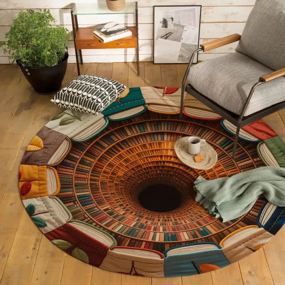 3D Fantasy Library Illusion Round Rug, Magical Book World Tunnel Rug, Kids Reading Rug Cozy Reading Room Decor Book Lovers Gift